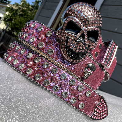 Y2K *NEW* GRUNGE SKULL PINK GOTHIC RHINESTONE STUDDED BELT PUNK BB *RARE*