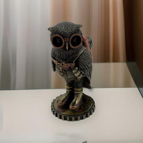 Bronze Steampunk Fantasy Owl Jetpack Goggles Hand Painted 6" Figurine Sculpture