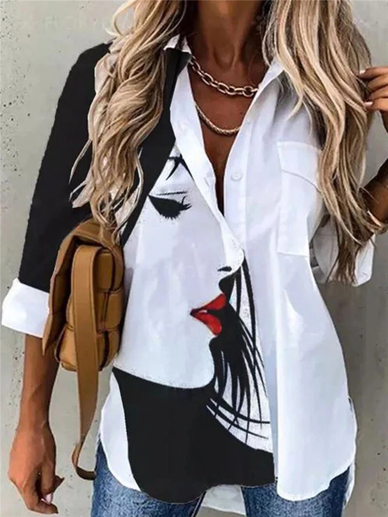 Camisa Con Botones De Moda Para Mujer Blusa De Manga Con Estampado Facial | eBay