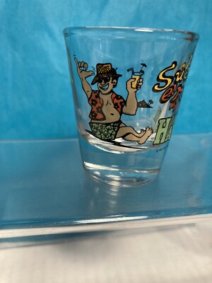 Hawaii Clear Shot Glass w/ Multicolor Beach Guy 'Suck Em Up' Hawaiian  2.25''