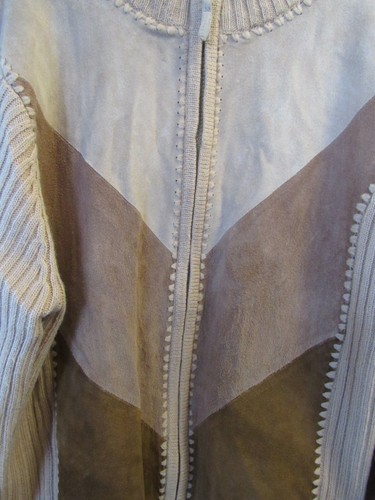 Studio Works Leather Front Panel Patched Zip Up Sweater Women's Large EUC - Picture 2 of 8