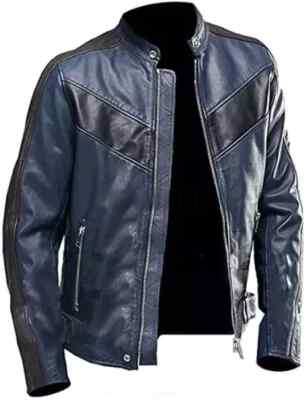 Stylish Black & Blue Leather Handmade New Men Jacket Lambskin Genuine Motorcycle