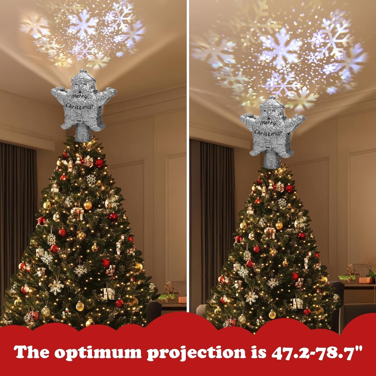 Christmas Tree Star Topper, Silver Santa Claus Tree Topper Projector, Snowflake
