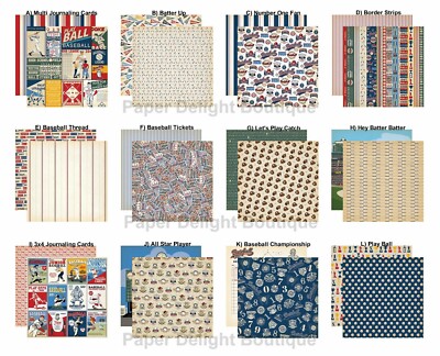2 Sheets of Carta Bella Paper BASEBALL 12x12 Scrapbook Cardstock - U Choose