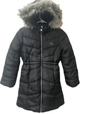 Calvin Klein Girls Black Hooded Long Puffer Jacket Faux Fur Trim Sz 8/10 Medium