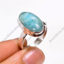 Natural Larimar Gemstone Ring 925 Sterling Silver Statement Boho Rings Jewelry