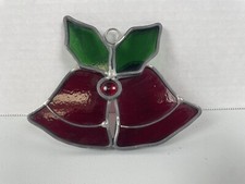 Vintage Christmas Stained Glass Style Bells Holly SunCatcher Ornament 4.75 x3.5  