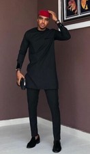 All Black Men's Long Sleeve Shirt and Pants Men African Clothing Fashion Kaftan
