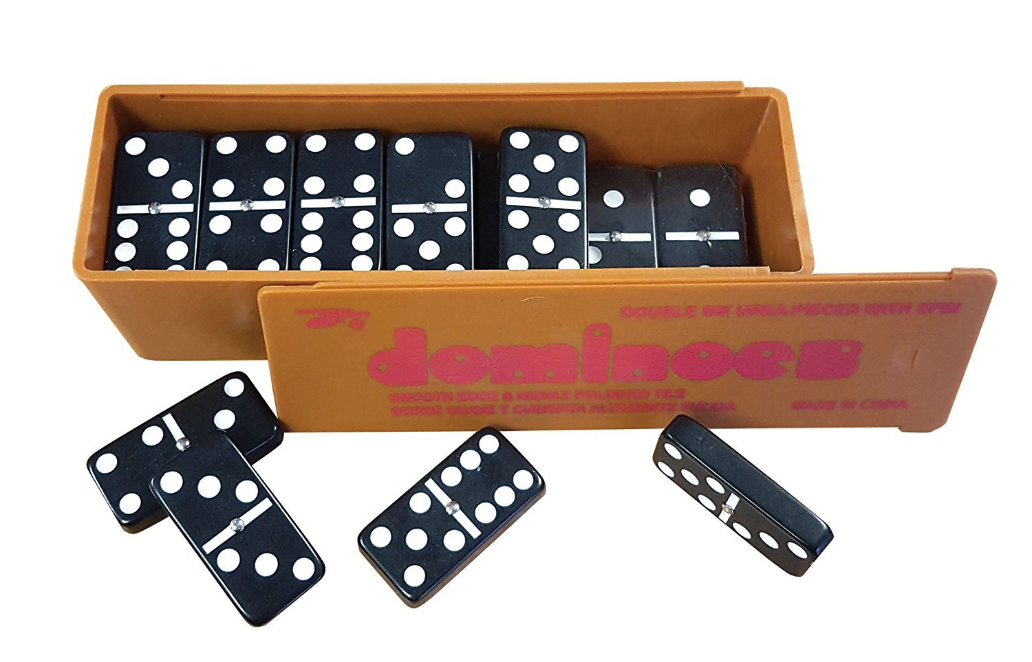 New Double Six Dominoes with Spinners, Box with Slide Lid Black Dominos
