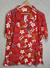 Barefoot in Paradise Button Hawaiian Shirt Men XL Red Floral Short Sleeve Cotton