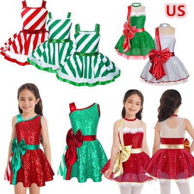 Kid Girls Figure Dance Tutu Dress Child Christmas Elf Santa Claus Frosty Costume