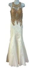Gold And Ivory Beaded Embroidered Illusion Gown Size 6 465 Prom