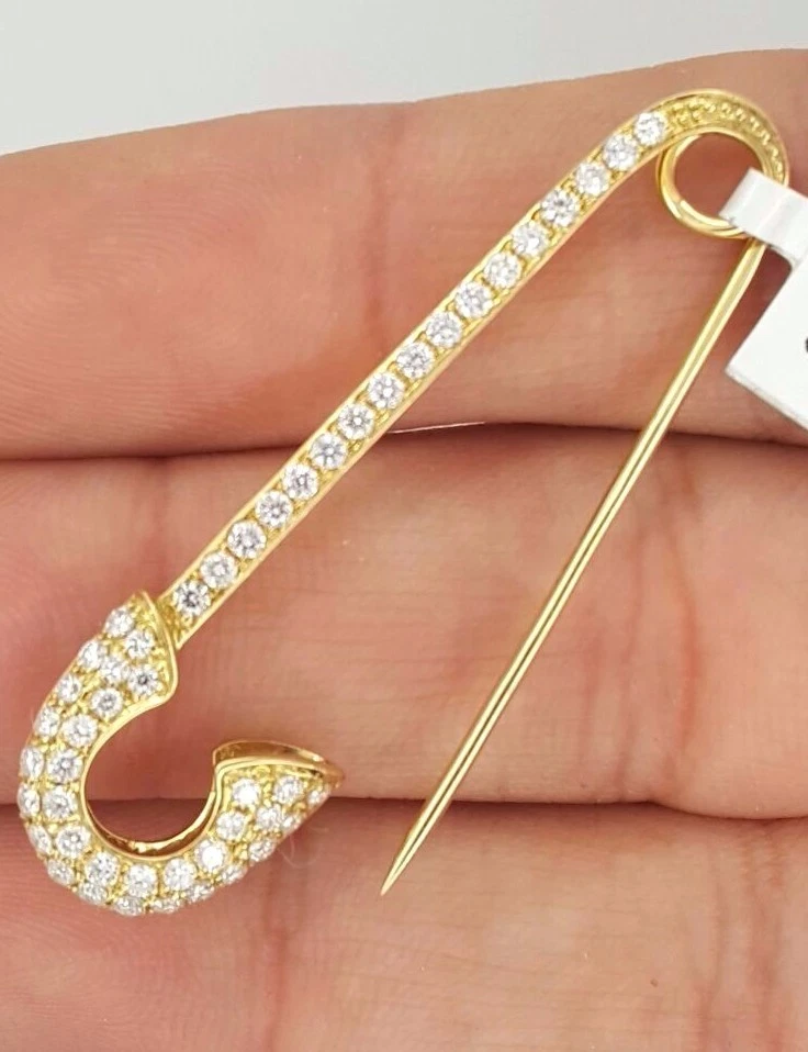 NUEVO BROCHE COLGANTE GRANDE DE ORO AMARILLO DE 18K REDONDO DIAMANTE PAVÉ SEGURIDAD SE ABRE