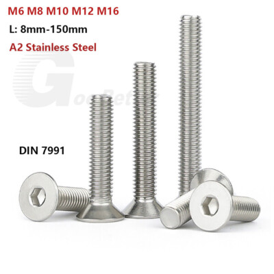 Flat Head Socket Caps Screws, A2 Stainless Steel Countersunk Allen Bolts M6 -M16