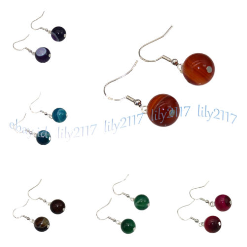 6-14mm Multicolor Striped Agate Round Gemstone Beads Dangle Silver Hook Earrings - Picture 1 of 30