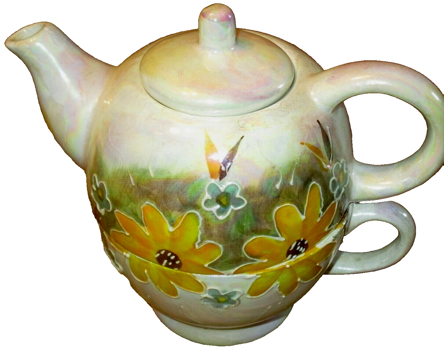 For 1 Stacking Tea Pot & Cup Hp Green & Yellow Luster Floral