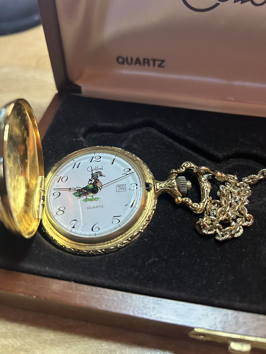 Vintage Colibri Quartz Pocket Watch Duck Gold Toned w/ knife, Box, and  papers