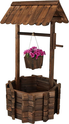 Sunnydaze Outdoor Wooden Wishing Well Garden Planter with Hanging Flower Bucket,
