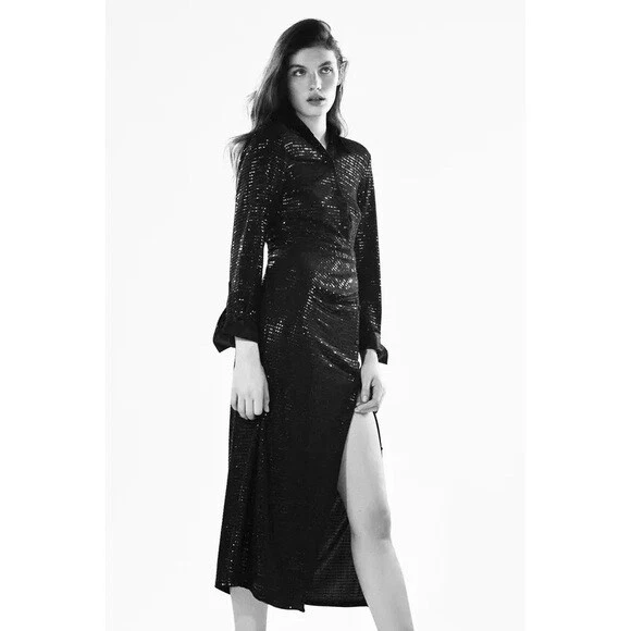NWT!! ZARA Black Embellished Midi Dress Shirtdress Shirt Dress Twist Waist XS - Image 4 of 4