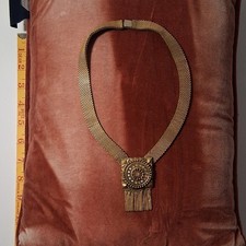 Vintage Gold Mesh Statement Pendant Necklace 16" Retro Amulet Asymmetrical