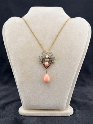 Edwardian Angel Skin Diamond Ruby Sweet Heart 18 KT necklet