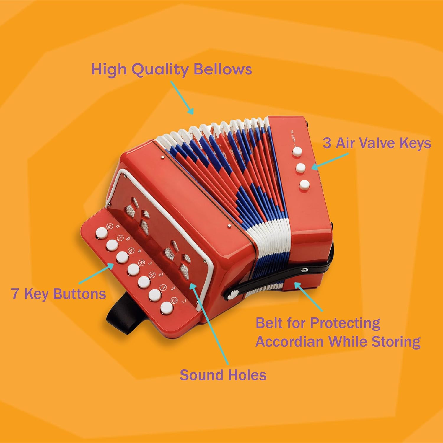 Hey Play Kids Accordion - 10 Key Beginner Instrument with Song Sheet - Red