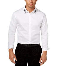 I.N.C Mens Embroidered Button Up Shirt, white, XL Neck