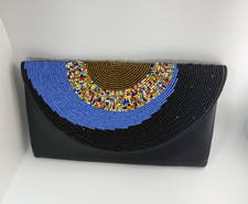 Women's Black Brown Multicolor Beaded Clutch Geometric Pattern Magnetic Closure