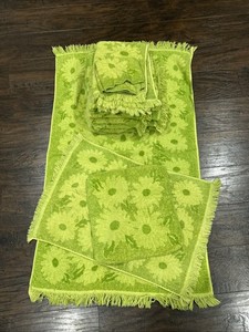 Vtg Cannon Set Of 8 Green Floral MCM Towels 4 Bath 2 Hand 2 Wash