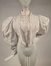 VICTORIAN WHITE COTTON BODICE W MASSIVE PUFF SLEEVES  EYELET TRIMS
