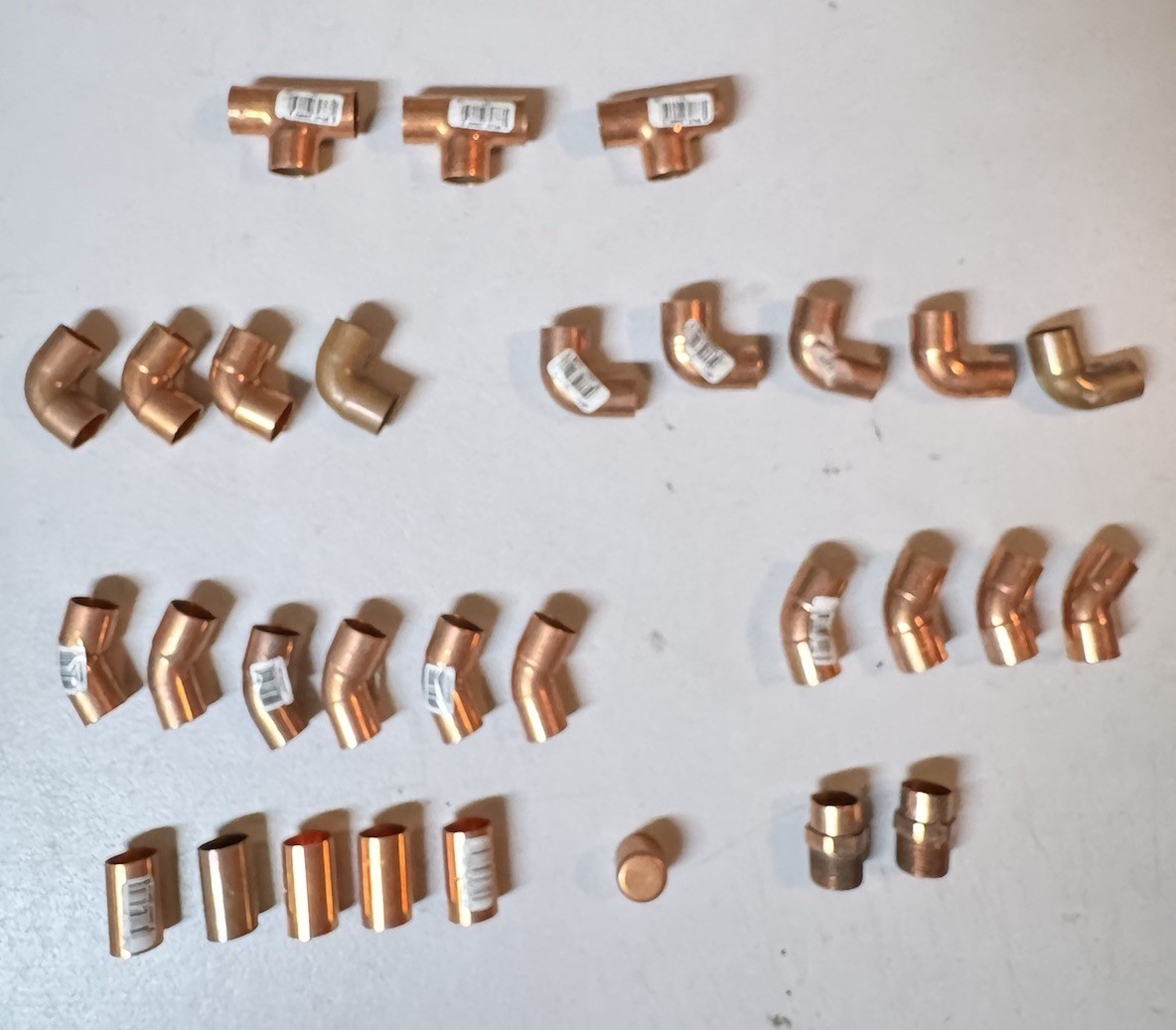 3/4 copper pipe fittings Tee 90 Degree Couplings 45 Degrees - Lot Of 30   3/4”