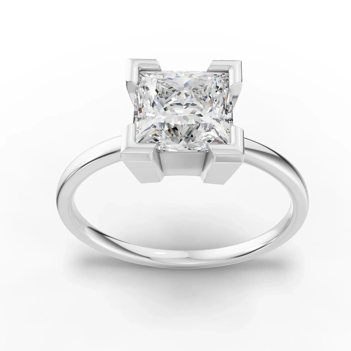 1.50 CT Princess Solitaire Bezal Set Lab Grown Diamond Ring 18k White Gold