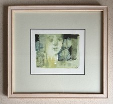 Original Watercolour Abstract Portrait of Female Signed CB Framed Dreamy Green