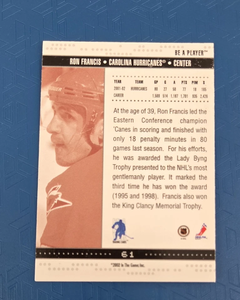 2002-03 Be a Player Memorabilia #61 Ron Francis Carolina HOCKEY Card 6G - Image 2 of 2