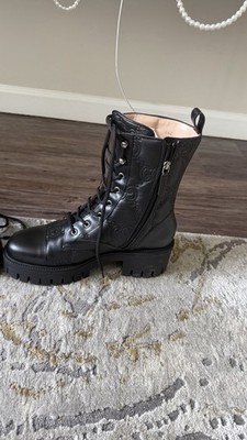 Gucci GG Logo Quilted Lace up Leather Lug Sole Combat Boots in