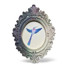 Hummingbird watercolor mini art print in colorful vintage style ornate frame