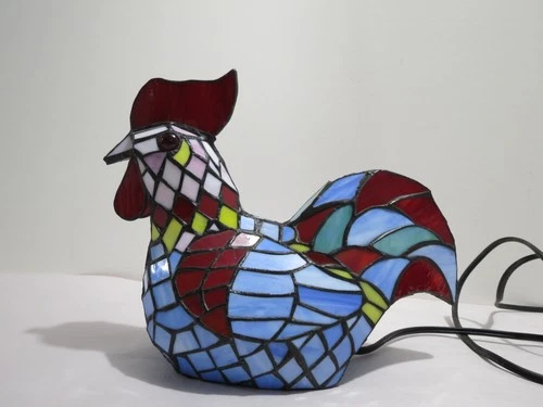 Vintage TIffany Style Rooster Hen Stained Glass Lamp Multicolor Farmhouse