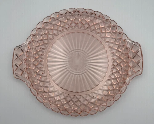 VTG Anchor Hocking Waterford Waffle Pink Depression Glass 12” X 10"  Cake Plate