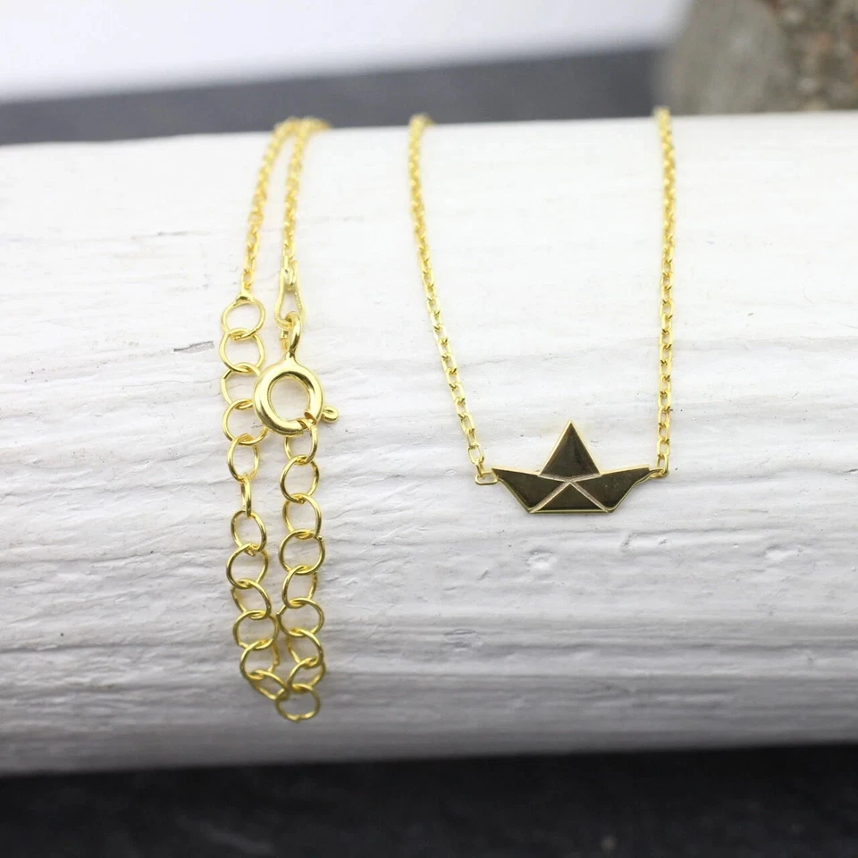 Origami Papierboot Kette / 925er Sterling Silber und Gold, Halskette Papierboot - Bild 3 von 4