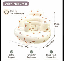 Baby Inflatable Floor Support Seat with Neckrest, White/Brown Bear Print