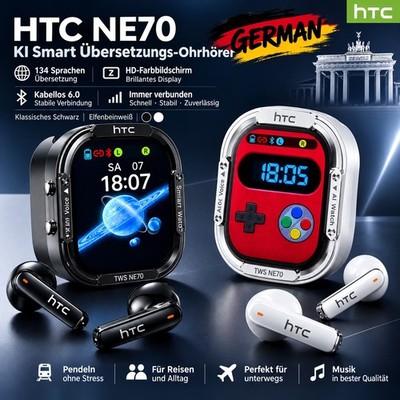 HTC NE70 AI Earbuds: Echtzeit-Übersetzung, 134 Sprachen, LCD-Touchscreen Stereo