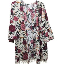 Women's Bold Floral Ivory Time and Tru One Size Open Front Kimono Crochet Trim