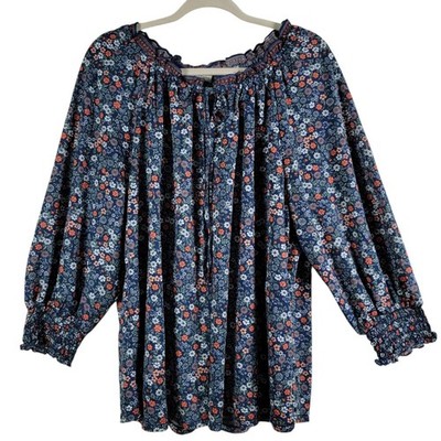 Max Studio Women Blue Floral Cottagecore Peasant Smocked Ruffle Front Tie Top 2X
