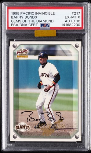1998 PACIFIC INVINCIBLE GEMS OF THE DIAMOND #217 BARRY BONDS PSA 6 AUTO 10