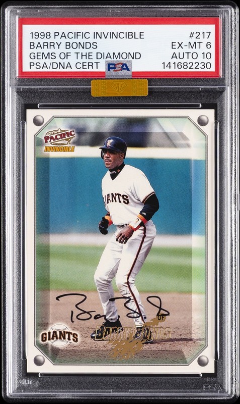 1998 PACIFIC INVINCIBLE GEMS OF THE DIAMOND #217 BARRY BONDS PSA 6 AUTO 10