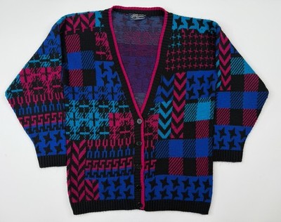Vintage JJ Browne Geometric Abstract 80 s Cardigan Sweater Neon Bright M