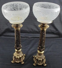 Vintage Pair Brass Newel Post Candelabra Candle Holder Etched Glass Globes 22"