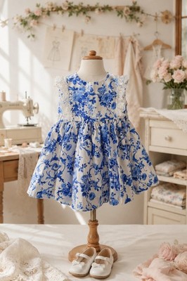 Girls 3-6M Blue/White Floral Lace Cotton Fit & Flare Dress, Button Back