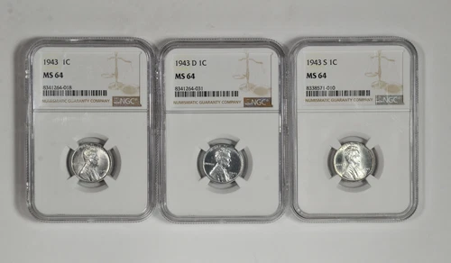 1943 P D S 1C Lincoln Steel Wheat Cent NGC MS 64 Three Coin Lot