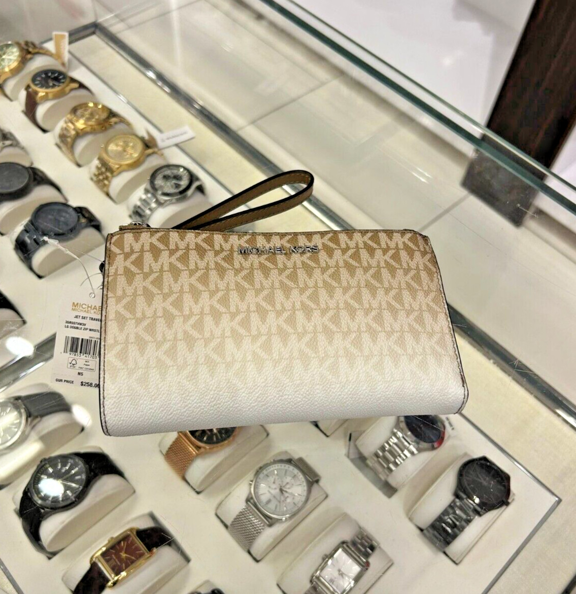 Michael Kors Jet Set Travel Large MK Logo Double Zip Wrist Strap Wallet  (Husk)